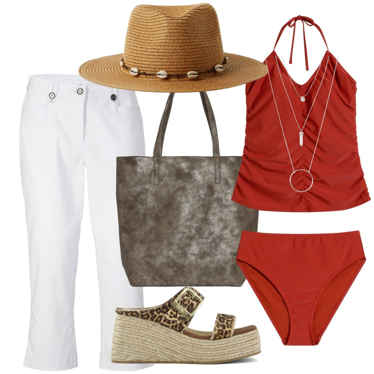 Outfit donna - Boho in red. Stile Boho per Mare. Abbinamento con costumi interi, ciondoli, pantaloni capri, borse tote, cappelli, zeppe.