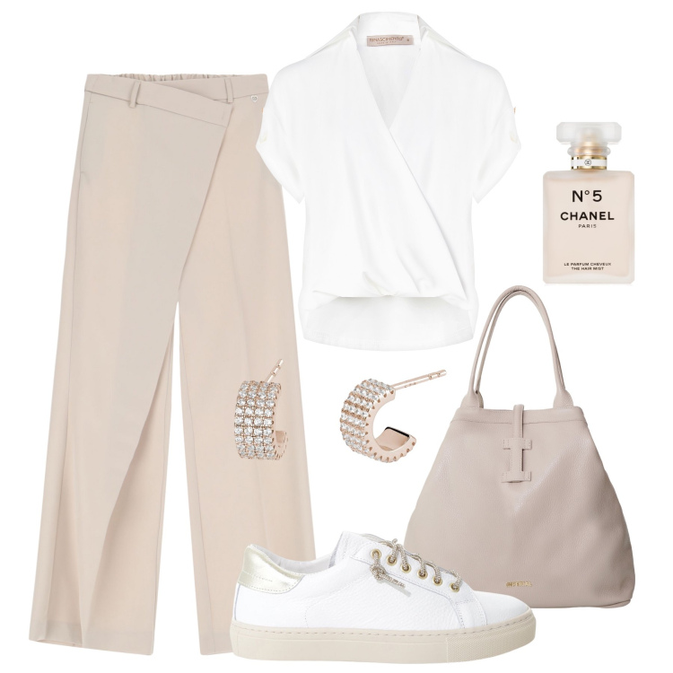 Outfit donna - Ufficio a fine luglio. Stile Casual chic per Ufficio. Abbinamento con profumi, orecchini, bluse, pantaloni, sneakers, borse tote.