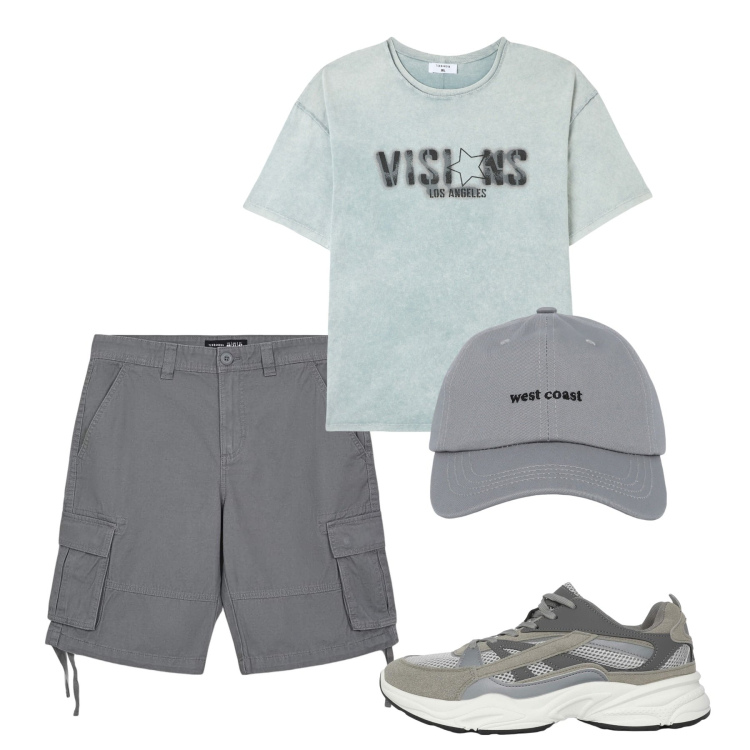 Outfit uomo - Luglio. Stile Casual per Tutti i giorni. Abbinamento con bermuda, t-shirt, cappelli con visiera, sneakers.