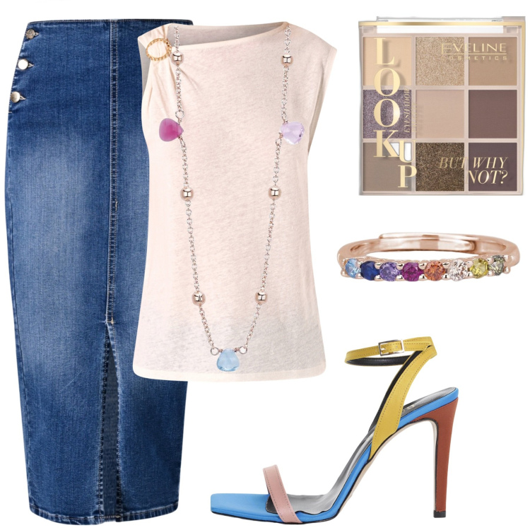 Outfit donna - Gonna jeans lunga. Stile Sporty chic per Tutti i giorni. Abbinamento con ombretti, collane, anelli, gonne longuette, t-shirt, sandali col tacco.