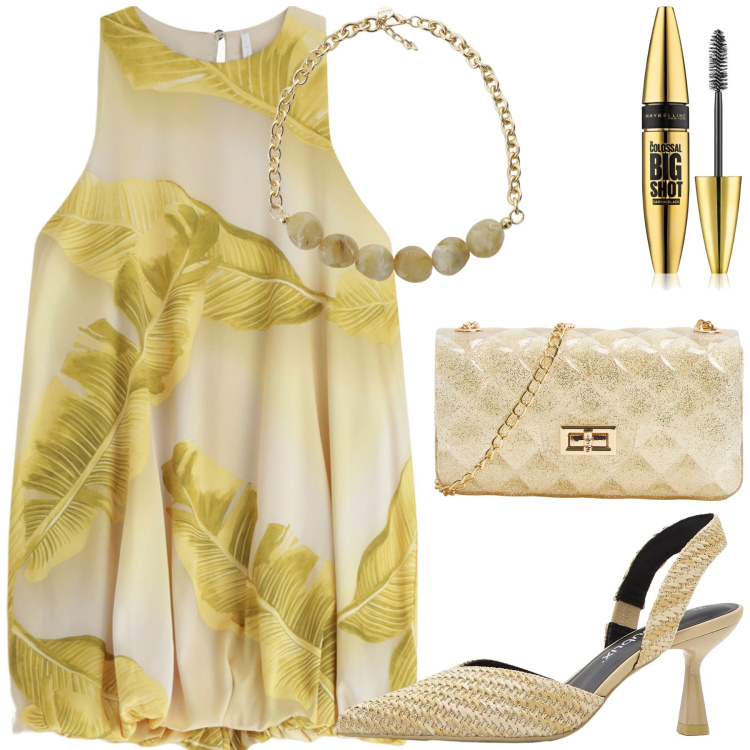 Outfit donna - Giallo. Stile Glamour per Tutti i giorni. Abbinamento con décolleté, mascara, borse a tracolla, vestiti corti, collane.