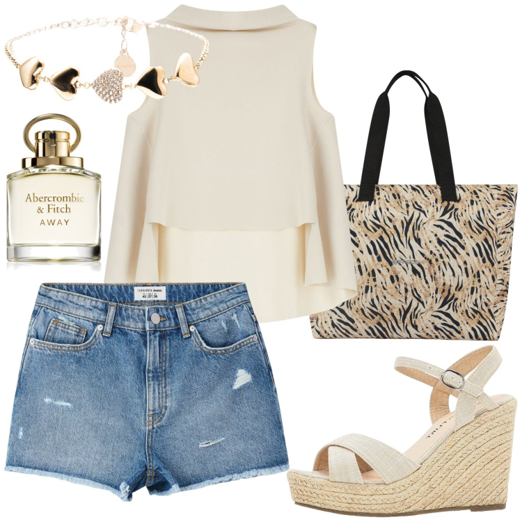 Outfit donna - Zeppa. Stile Casual per Tutti i giorni. Abbinamento con sandali, profumi, shorts, top, shopping bag, braccialetti.