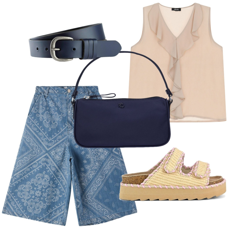 Outfit donna - Blu & sabbia - @antonellal. Stile Casual per Ufficio. Abbinamento con cinture, bermuda, top, pochette, sandali.