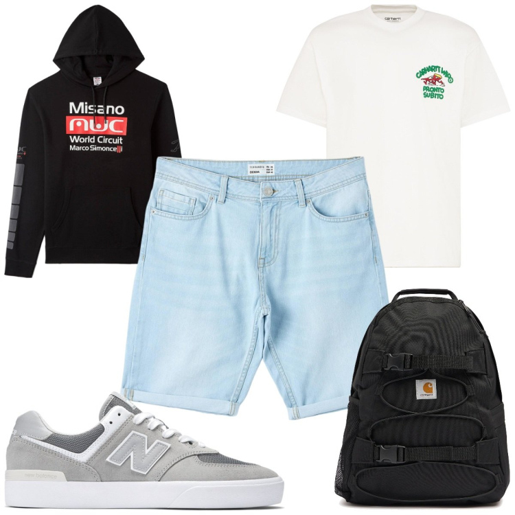 Outfit uomo - Total look #2206887. Stile Trendy per Tutti i giorni. Abbinamento con felpe con cappuccio, bermuda, sneakers, borse sportive, t-shirt.