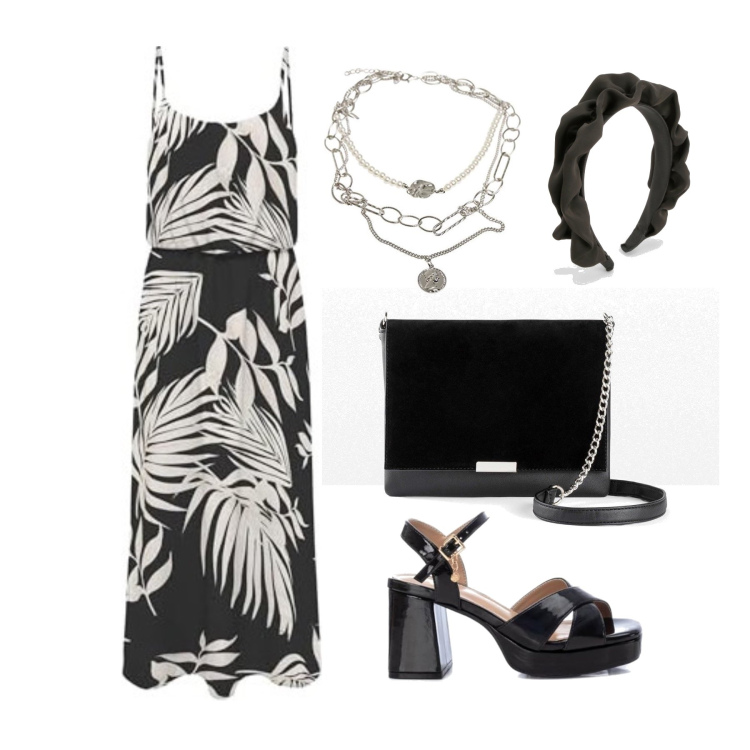 Outfit femme - Juillet. Style Chic pour Soirée dehors. Assortir avec sacs en bandoulière, robes longues, colliers, sandales en cuir, serre-têtes.