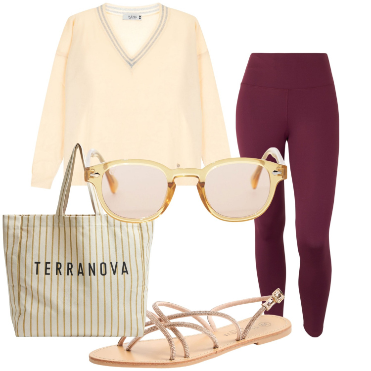 Outfit donna - Ufficio fresco di fine luglio. Stile Urban per Ufficio. Abbinamento con sandali, borse tote, maglieria, occhiali da sole, pantaloni.