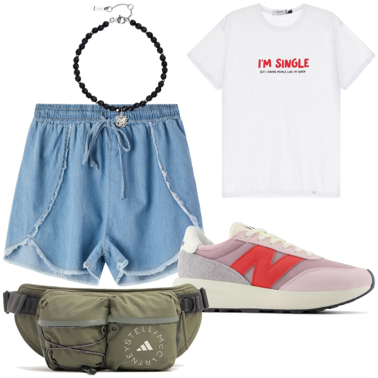 Outfit donna - Due passi la mattina. Stile Casual per Tutti i giorni. Abbinamento con shorts, braccialetti, sneakers, t-shirt, marsupi.
