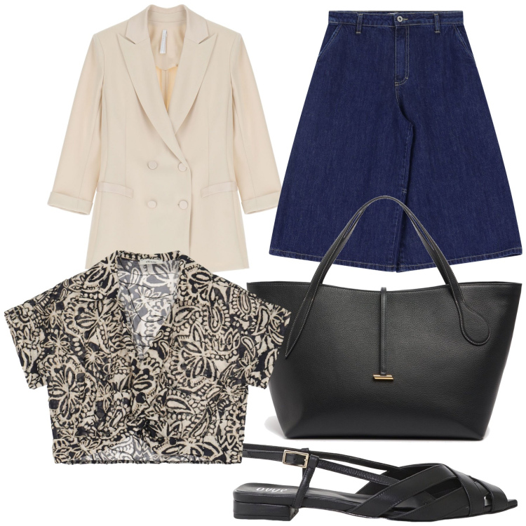 Outfit donna - Total look. Stile Urban per Tutti i giorni. Abbinamento con bermuda, blazer, top, sandali, shopping bag.