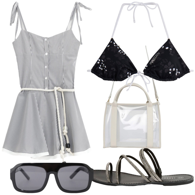 Outfit donna - Tutina copricostume. Stile Trendy per Mare. Abbinamento con borse tote, sandali, occhiali da sole, vestiti, bikini.