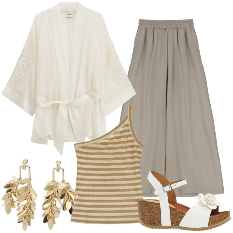Outfit donna - Total look #2206941. Stile Casual chic per Serata fuori. Abbinamento con sandali, pantaloni, top, cappotti, orecchini.