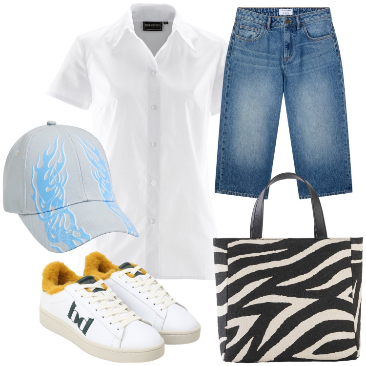 Outfit donna - Total look. Stile Casual per Tutti i giorni. Abbinamento con camicie a manica corta, borse a mano, cappelli, jeans dritti, sneakers.