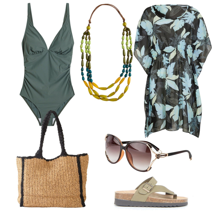 Outfit donna - Colori di moda. Stile Glamour per Mare. Abbinamento con costumi interi, vestiti da spiaggia, occhiali da sole, shopping bag, collane, ciabatte.