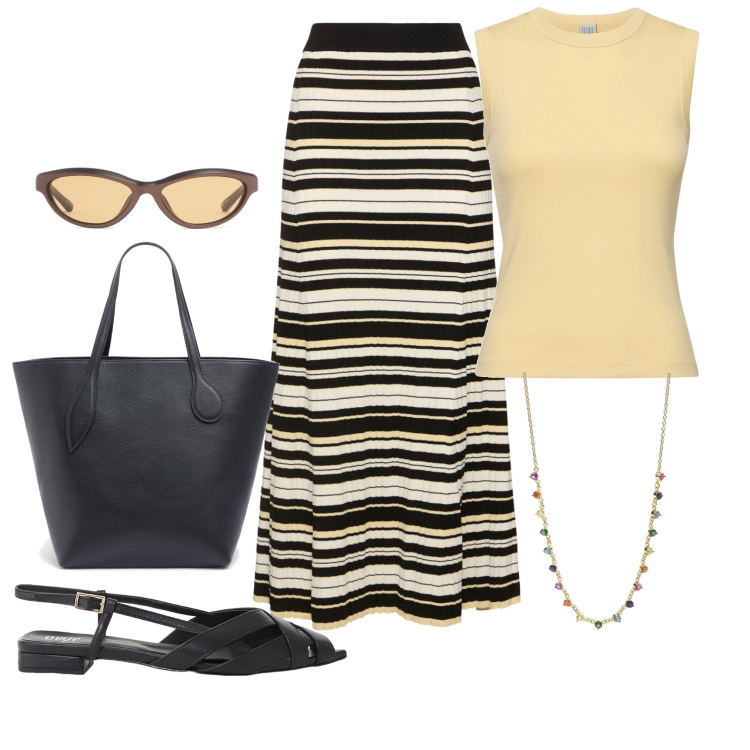 Outfit donna - Un giro a piedi. Stile Minimal per Mare. Abbinamento con collane, sandali, occhiali da sole, gonne lunghe, canottiere, shopping bag.