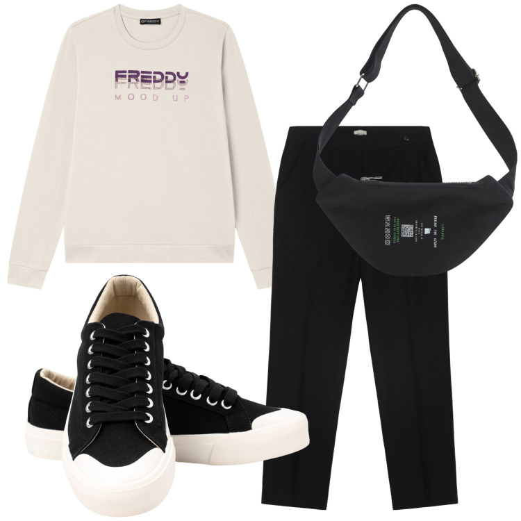 Outfit donna - Fresca mattina sui monti. Stile Casual per Tutti i giorni. Abbinamento con marsupi, felpe, pantaloni, sneakers.