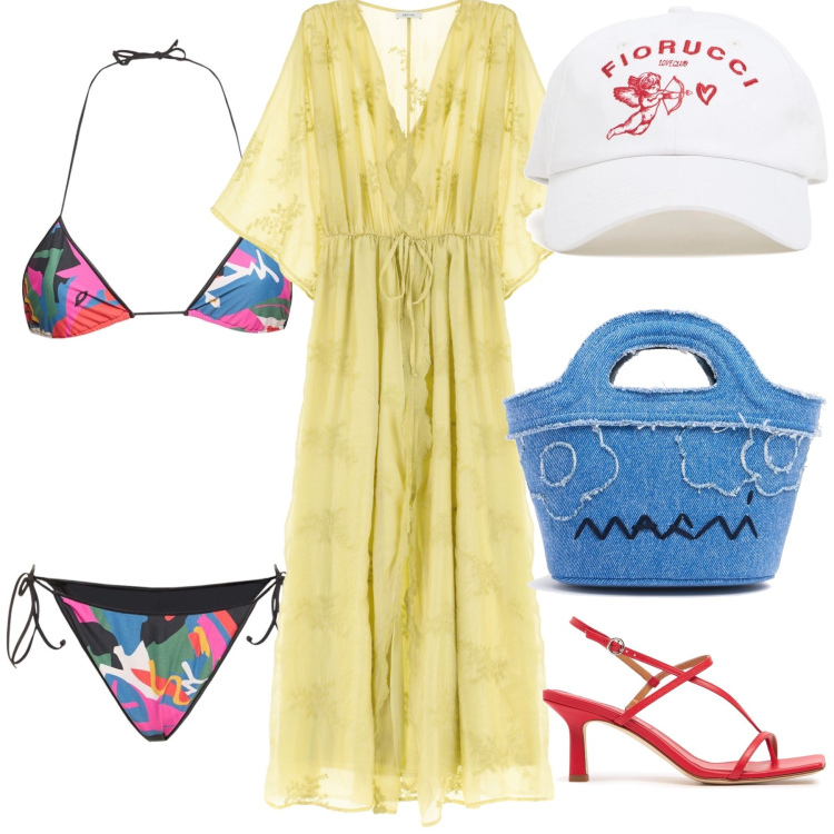 Outfit donna - Spiaggia tutta colorata. Stile Trendy per Mare. Abbinamento con vestiti lunghi, borse a mano, bikini, sandali in pelle, cappelli con visiera.