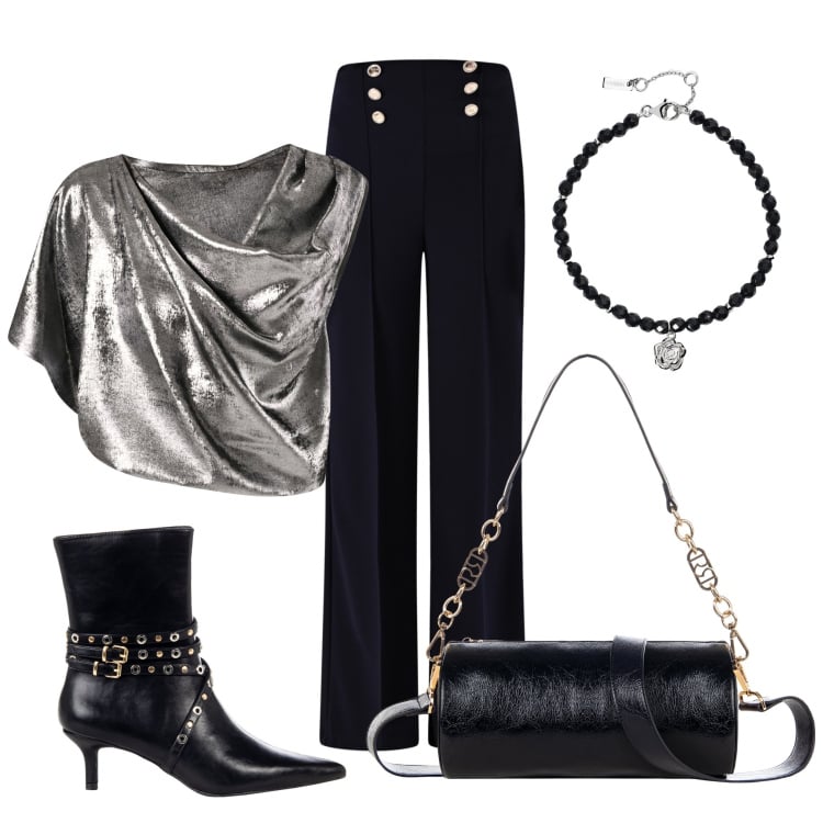 Outfit donna - Alla festa. Stile Rock per Serata fuori. Abbinamento con braccialetti, stivaletti, bluse, pantaloni, borse a mano.