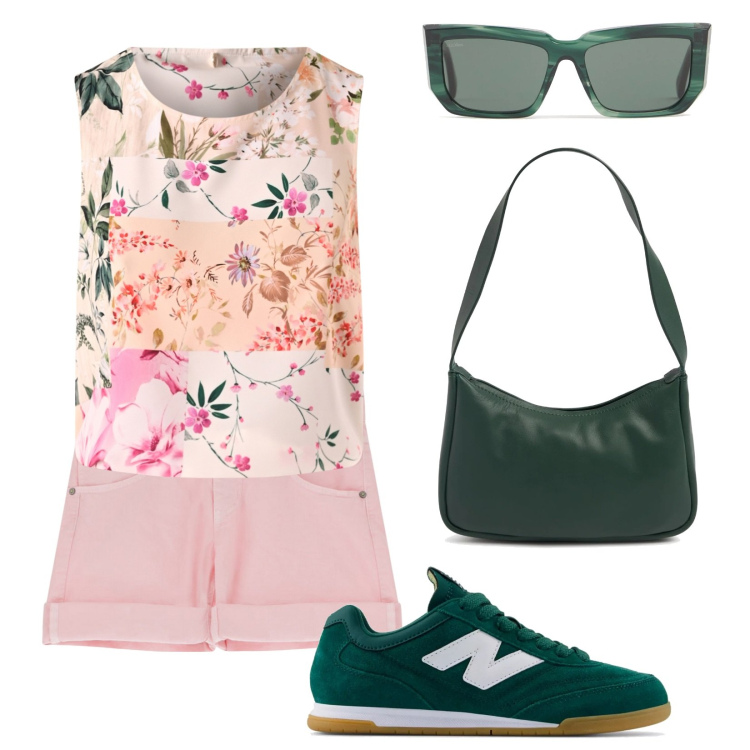 Outfit donna - Deep Green. Stile Casual per Tutti i giorni. Abbinamento con sneakers, top, shorts, occhiali da sole, borse a spalla.