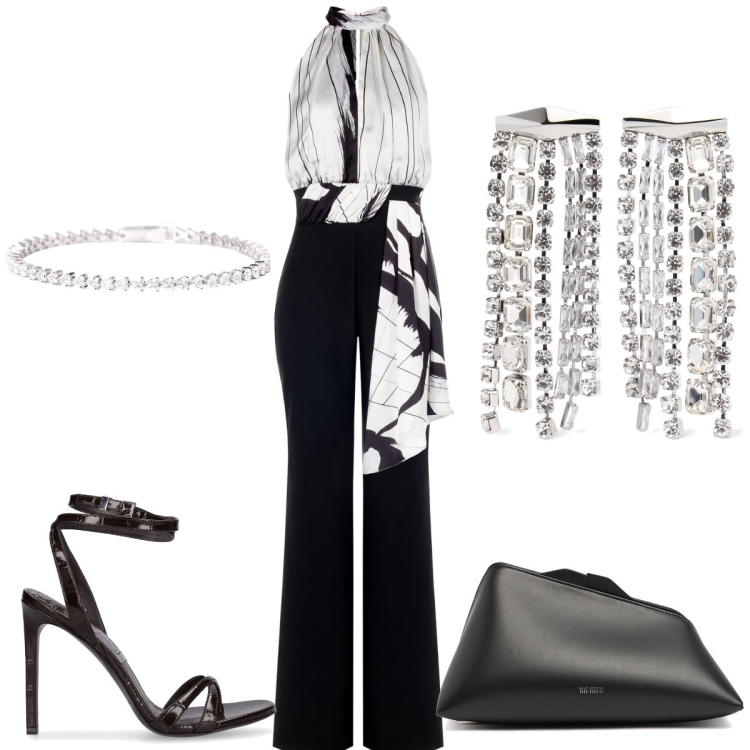 Outfit donna - Cerimonia. Stile Chic per Cerimonia. Abbinamento con braccialetti, tute, pochette, sandali in pelle, orecchini.