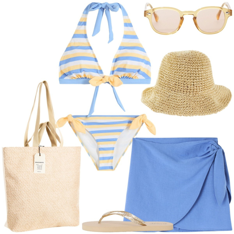 Outfit donna - Al mare. Stile Preppy per Mare. Abbinamento con bikini, cappelli, vestiti da spiaggia, infradito, borse tote, occhiali da sole.