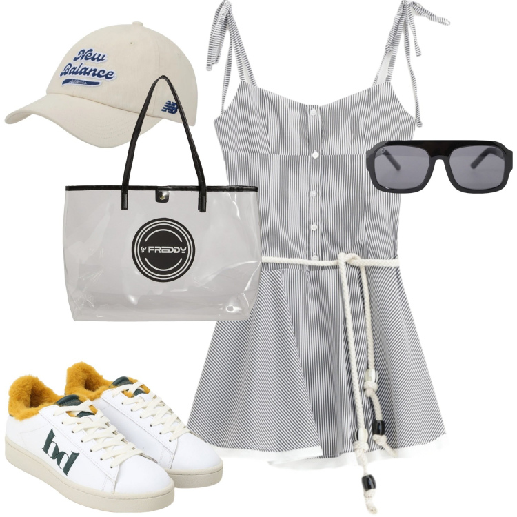 Outfit donna - Total look #2207020. Stile Casual per Tutti i giorni. Abbinamento con cappelli con visiera, vestiti, occhiali da sole, sneakers, shopping bag.