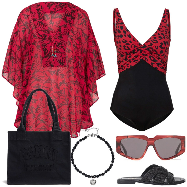 Outfit donna - In spiaggia. Stile Chic per Mare. Abbinamento con costumi interi, vestiti da spiaggia, braccialetti, sandali, occhiali da sole, shopping bag.