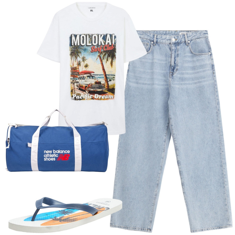 Outfit uomo - Total look #2207027. Stile Casual per Tutti i giorni. Abbinamento con sandali, t-shirt, borse sportive, jeans.