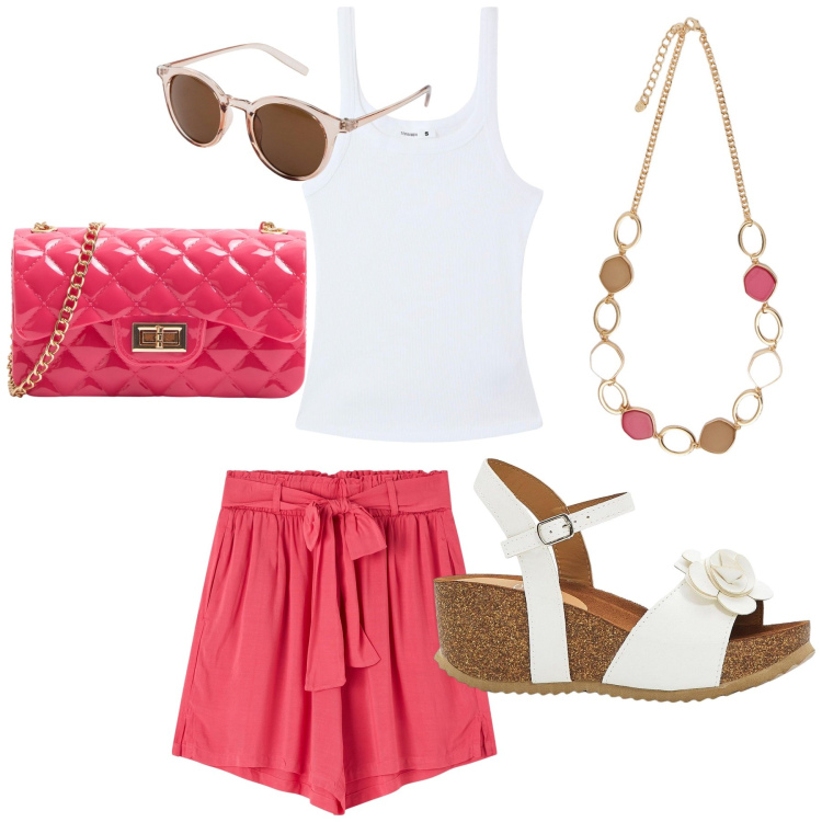 Outfit donna - Romantico fior di fragola. Stile Casual chic per Tutti i giorni. Abbinamento con sandali, occhiali da sole, collane, shorts, borse a tracolla, canottiere.