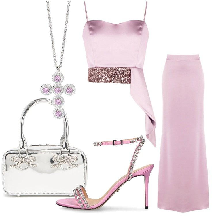 Outfit donna - Brillante come una stella. Stile Glamour per Serata fuori. Abbinamento con ciondoli, top, gonne lunghe, borse a mano, sandali in pelle.