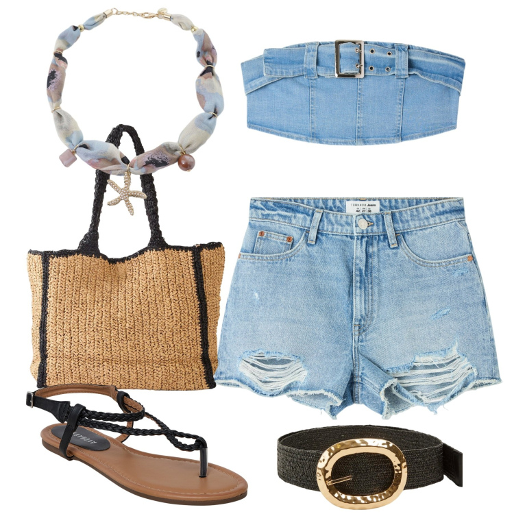 Outfit donna - Luglio casula. Stile Casual per Tutti i giorni. Abbinamento con shopping bag, ciabatte, top, shorts, cinture, collane.