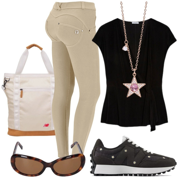 Outfit donna - Urban style. Stile Urban per Tutti i giorni. Abbinamento con collane, sneakers, shopping bag, pantaloni skinny, bluse, occhiali da sole.