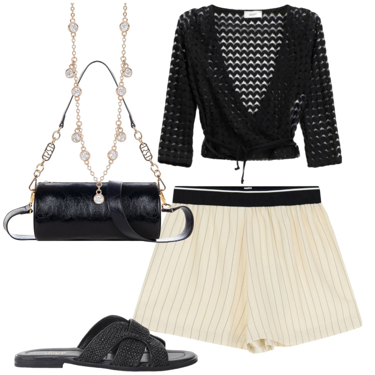 Outfit donna - Summer. Stile Casual chic per Tutti i giorni. Abbinamento con collane, borse a mano, pantaloni corti, top, sandali.