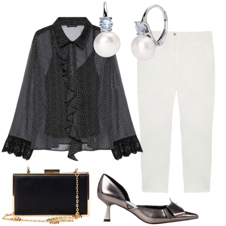 Outfit donna - Cena fuori. Stile Chic per Serata fuori. Abbinamento con orecchini, pochette, décolleté, camicie, pantaloni skinny.