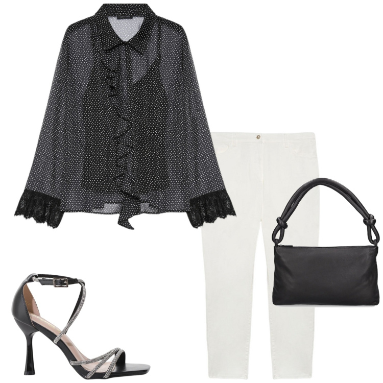 Outfit donna - Bianco e nero. Stile Chic per Serata fuori. Abbinamento con sandali col tacco, camicie, pantaloni skinny, borse a spalla.
