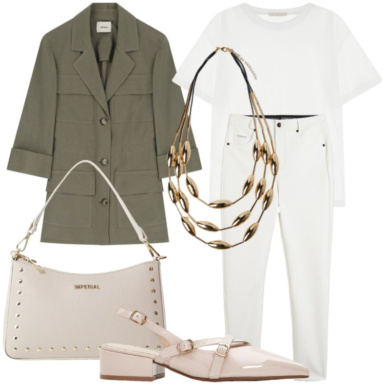 Outfit donna - Total look #2207071. Stile Casual chic per Ufficio. Abbinamento con décolleté, t-shirt, borse a spalla, pantaloni skinny, blazer, collane.