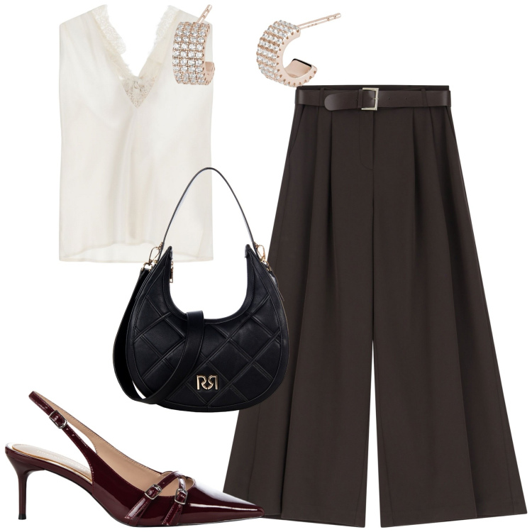 Outfit donna - Elegante. Stile Chic per Tutti i giorni. Abbinamento con orecchini, borse a tracolla, décolleté, pantaloni a palazzo, top.