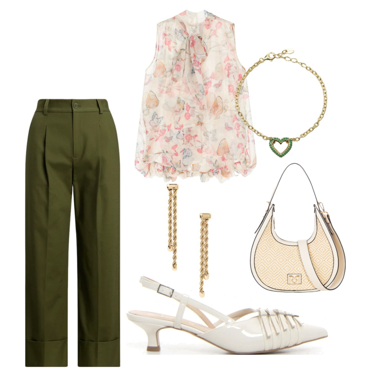 Outfit donna - Casual chic al lavoro. per Ufficio. Abbinamento con braccialetti, borse a mano, camicie, orecchini, pantaloni, décolleté.