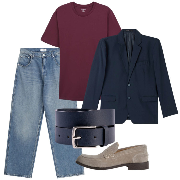 Outfit uomo - Luglio in ufficio. Stile Casual per Tutti i giorni. Abbinamento con t-shirt, giacche, jeans, scarpe stringate, cinture.