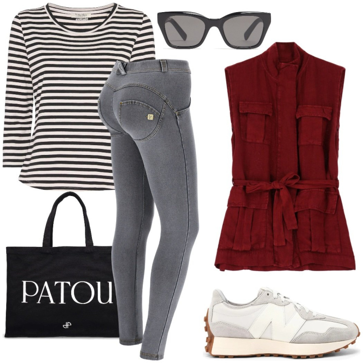 Outfit donna - Urban style. Stile Urban per Tutti i giorni. Abbinamento con sneakers, jeggings, gilet, shopping bag, t-shirt, occhiali da sole.