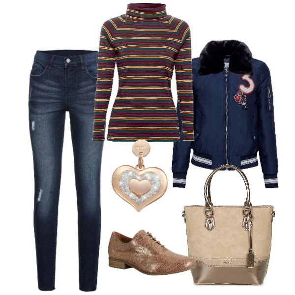 Outfit donna - Originale con bomber e stringate. Stile Trendy per Ufficio. Abbinamento con jeans strappati, borsa beige, maglia a maniche lunghe multicolore e navy, giacca navy, scarpe stringate oxford marrone, charm glitter in argento 925.