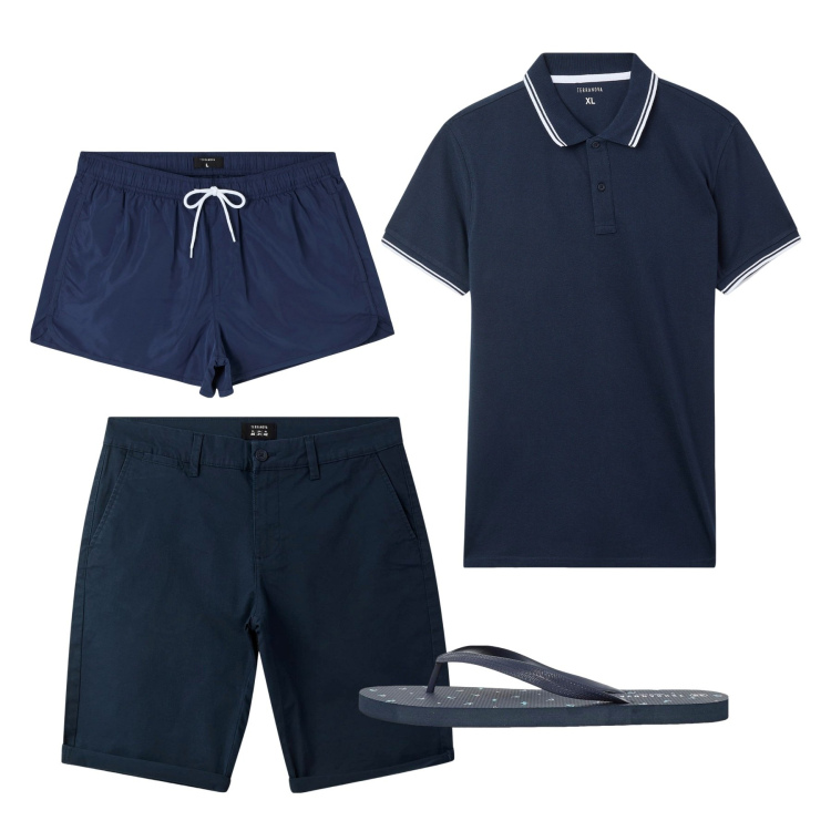 Outfit uomo - Total blue. Stile Casual per Mare. Abbinamento con sandali, costumi, polo, bermuda.