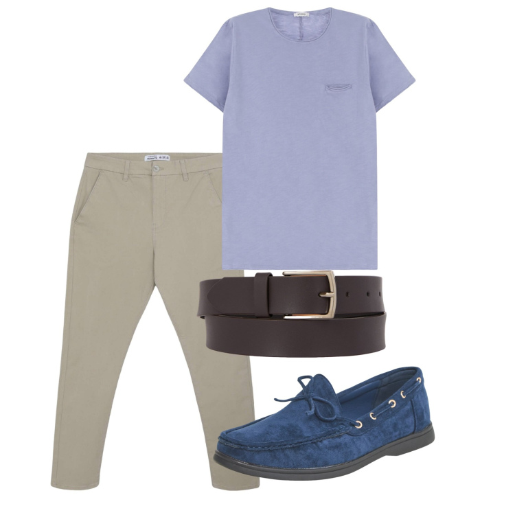 Outfit uomo - Luglio. Stile Casual per Tutti i giorni. Abbinamento con scarpe stringate, pantaloni chino, t-shirt, cinture.