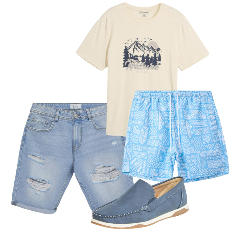 Outfit uomo - Mare. Stile Casual per Mare. Abbinamento con t-shirt, scarpe stringate, bermuda, costumi.