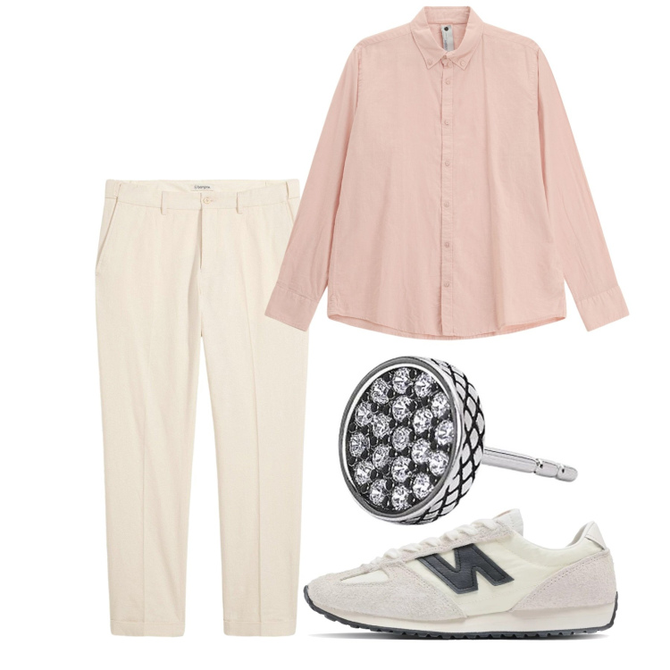 Outfit uomo - Cipria. Stile Casual per Tutti i giorni. Abbinamento con pantaloni, orecchini, sneakers, camicie.