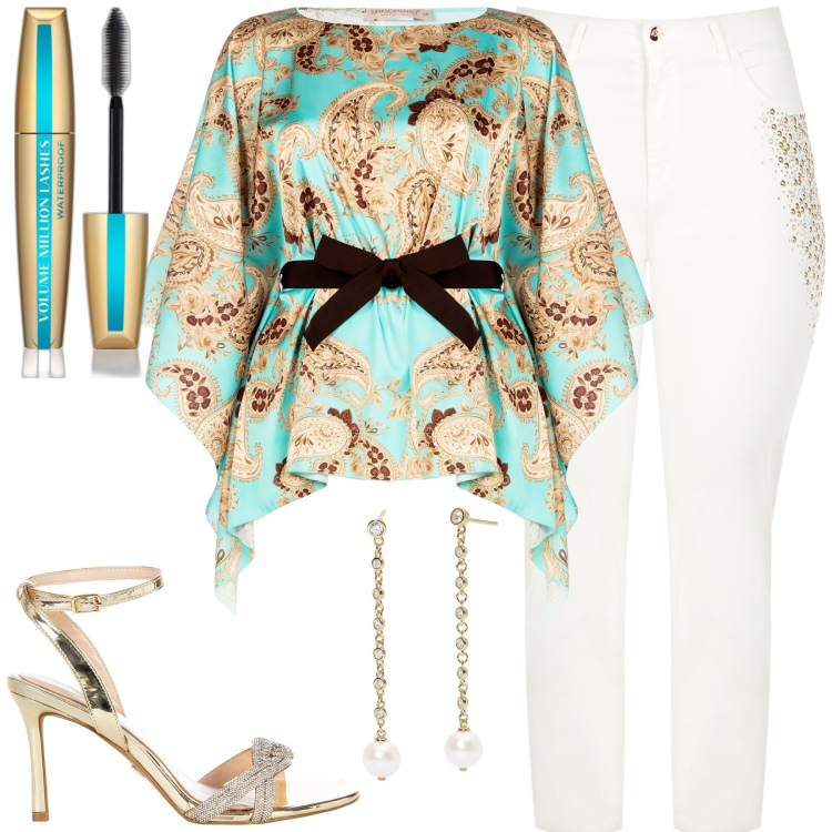 Outfit donna - Sandalo gioiello. Stile Glamour per Tutti i giorni. Abbinamento con mascara, orecchini, bluse, sandali col tacco, jeans dritti.