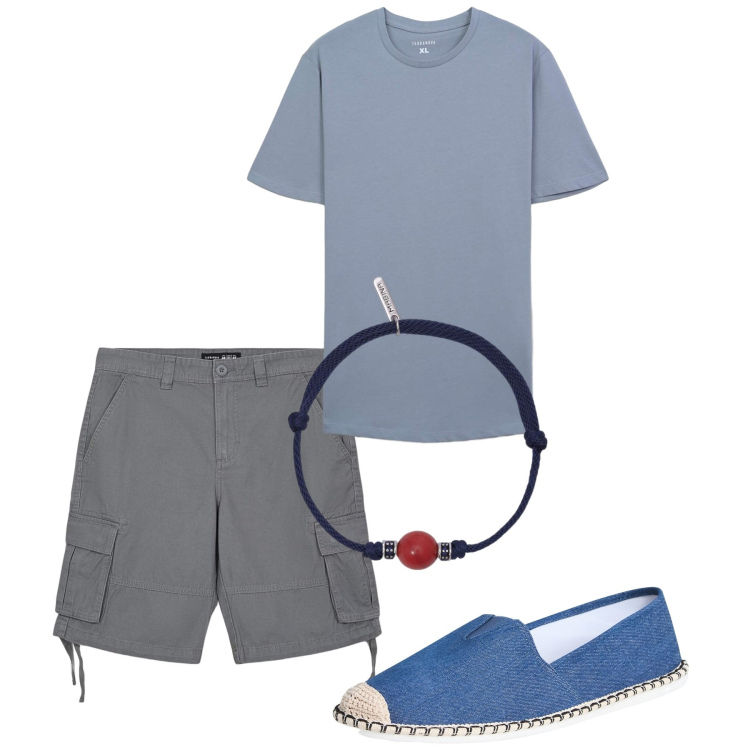 Outfit uomo - Vacanza. Stile Casual per Tutti i giorni. Abbinamento con espadrillas, bermuda, t-shirt, braccialetti.