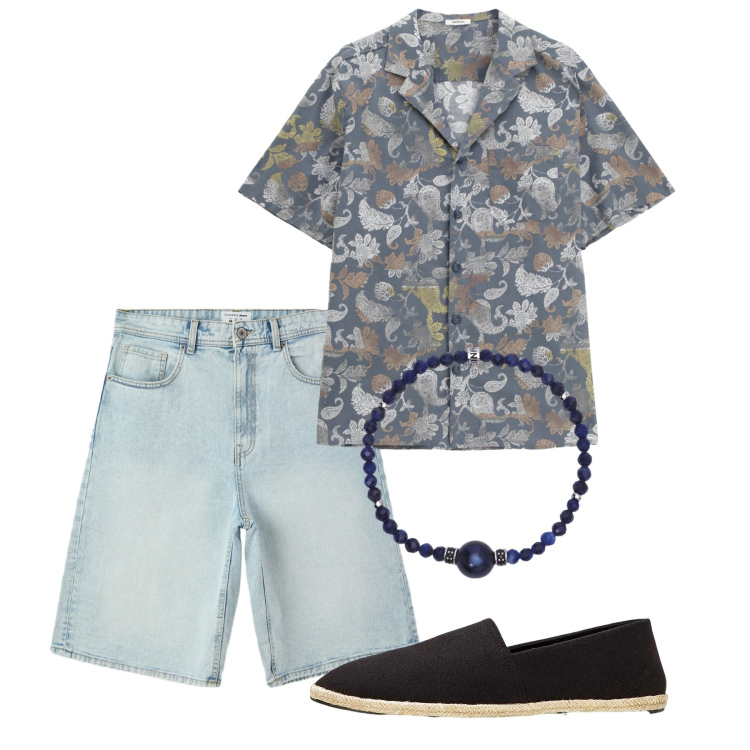 Outfit uomo - Luglio. Stile Casual per Tutti i giorni. Abbinamento con espadrillas, bermuda, braccialetti, camicie a manica corta.