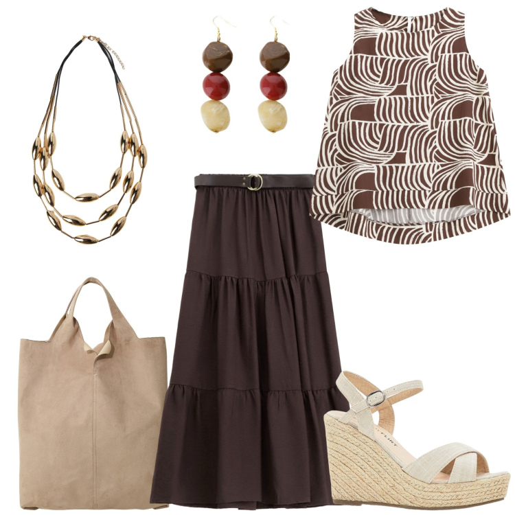 Outfit donna - Gonna boho il pomeriggio. Stile Boho per Tutti i giorni. Abbinamento con sandali, top, gonne lunghe, shopping bag, orecchini, collane.