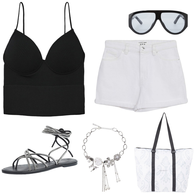 Outfit donna - Pomeriggio d’estate. Stile Basic per Tutti i giorni. Abbinamento con sandali alla schiava, top, shorts, occhiali da sole, collane, shopping bag.