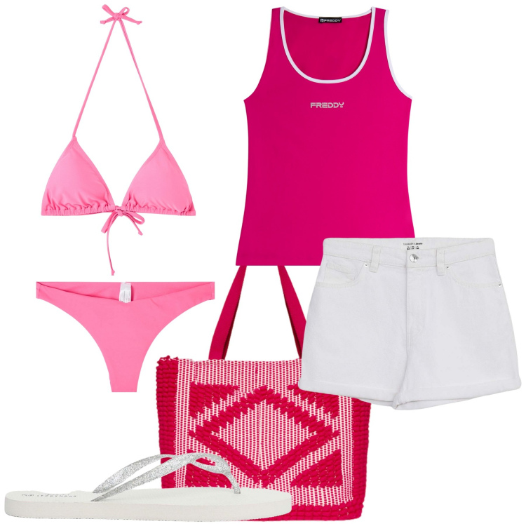 Outfit donna - Al mare. Stile Casual per Mare. Abbinamento con bikini, shorts, bikini, infradito, canottiere, borse a mano.