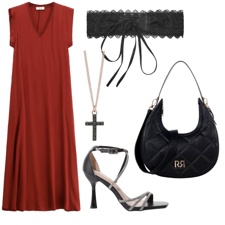 Outfit donna - Accessori in primo piano. Stile Chic per Serata fuori. Abbinamento con cinture, collane, borse a tracolla, sandali col tacco, vestiti senza maniche.